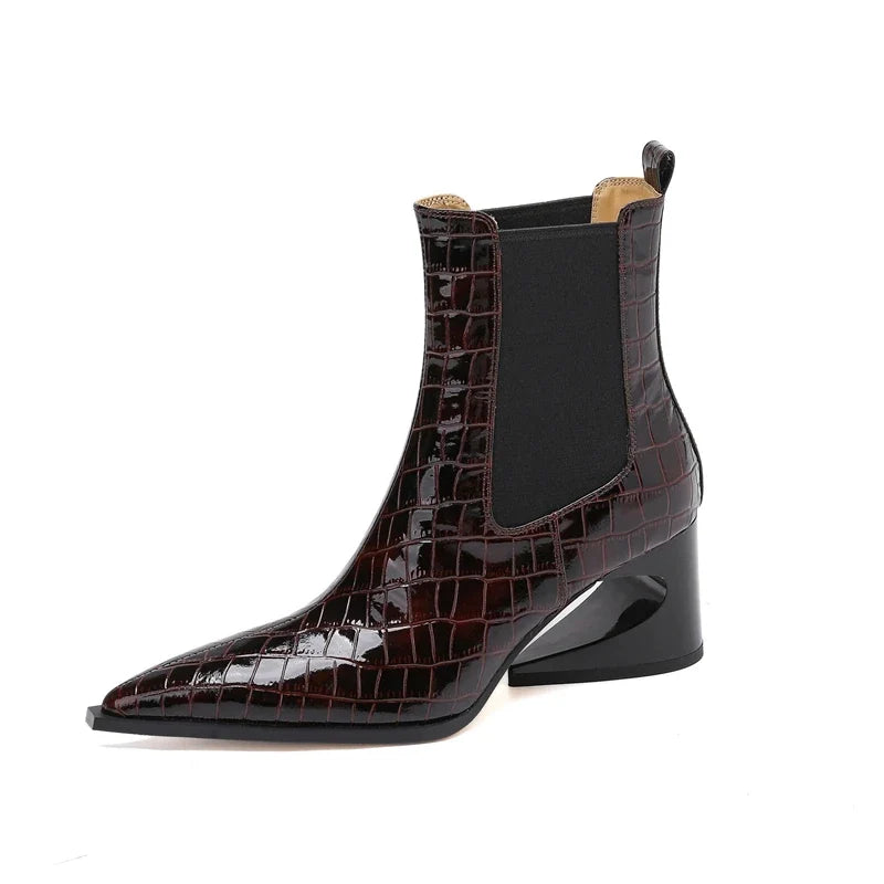 Women's Leather Embossed Pattern Cowhide Pointed High Heels With Irregular and Retro Chelsea Short Boots