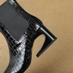 Women's Leather Embossed Pattern Cowhide Pointed High Heels With Irregular and Retro Chelsea Short Boots