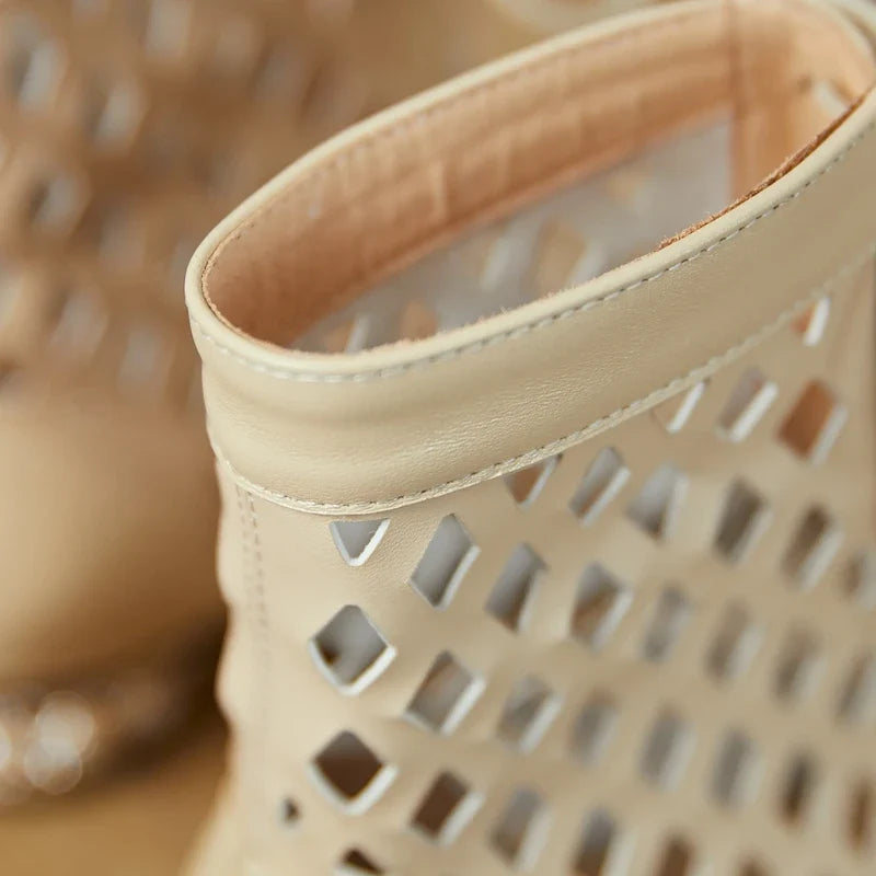 Women's Spring/Summer Genuine Leather Water Diamond Middle Heel Hollow Lacing Hole Open Toe Fish Mouth