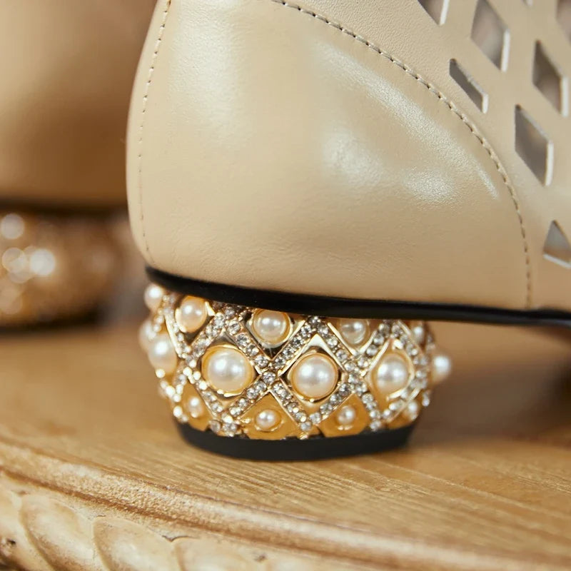 Women's Spring/Summer Genuine Leather Water Diamond Middle Heel Hollow Lacing Hole Open Toe Fish Mouth