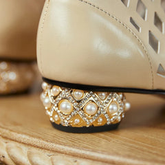 Women's Spring/Summer Genuine Leather Water Diamond Middle Heel Hollow Lacing Hole Open Toe Fish Mouth