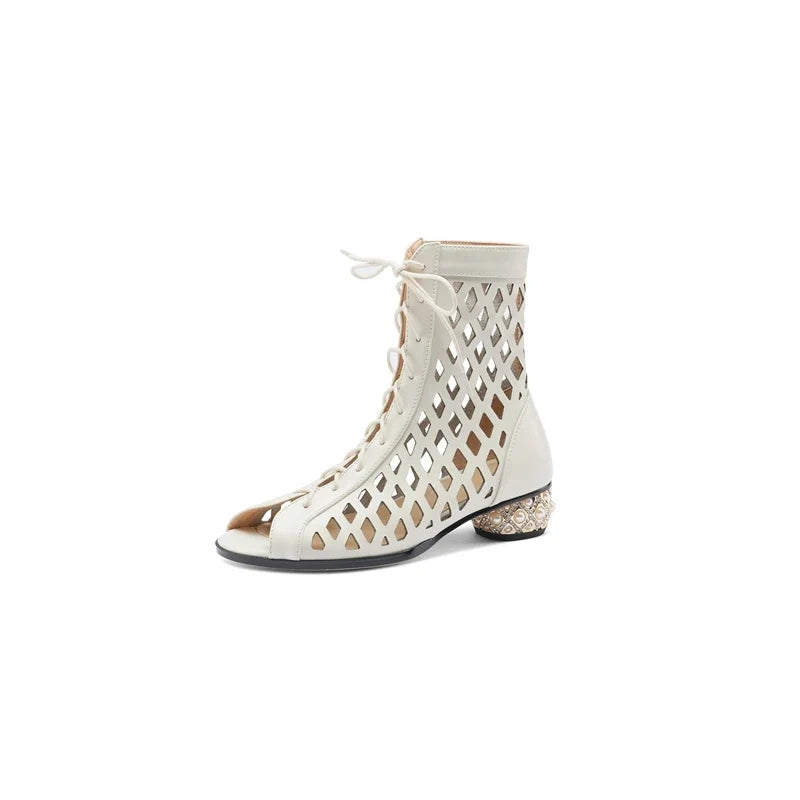 Women's Spring/Summer Genuine Leather Water Diamond Middle Heel Hollow Lacing Hole Open Toe Fish Mouth
