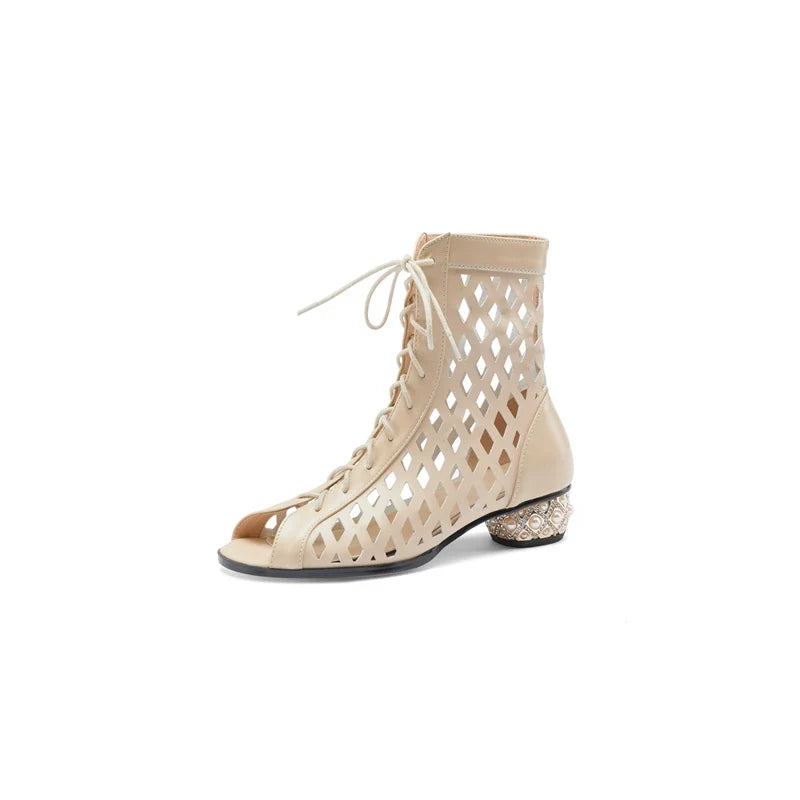 Women's Spring/Summer Genuine Leather Water Diamond Middle Heel Hollow Lacing Hole Open Toe Fish Mouth