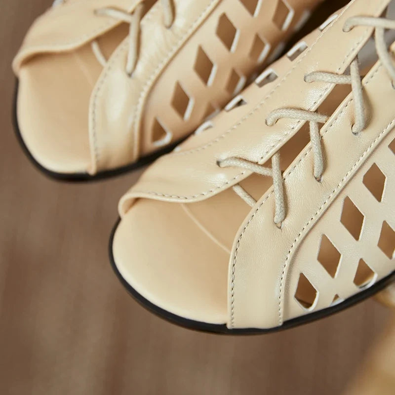 Women's Spring/Summer Genuine Leather Water Diamond Middle Heel Hollow Lacing Hole Open Toe Fish Mouth