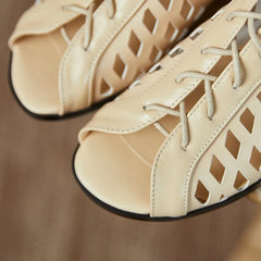 Women's Spring/Summer Genuine Leather Water Diamond Middle Heel Hollow Lacing Hole Open Toe Fish Mouth