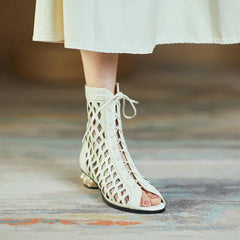 Women's Spring/Summer Genuine Leather Water Diamond Middle Heel Hollow Lacing Hole Open Toe Fish Mouth