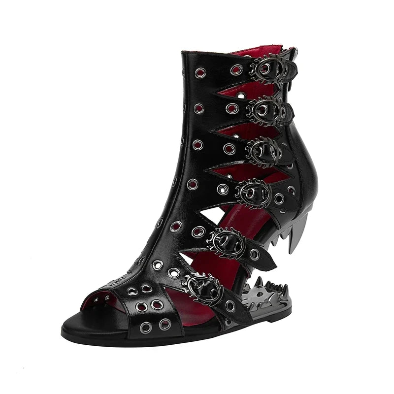 Women's Spring/Summer Pointed Nightclub Metal Belt Buckle Rivet Wolf Teeth Slope Heel Large High Heel Short Boots