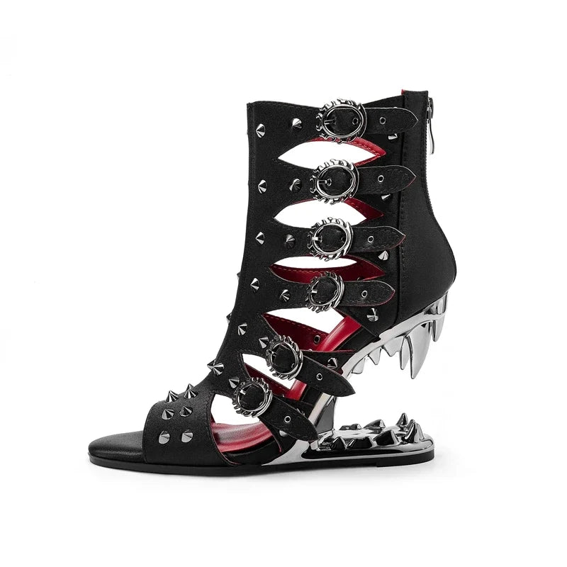 Women's Spring/Summer Pointed Nightclub Metal Belt Buckle Rivet Wolf Teeth Slope Heel Large High Heel Short Boots