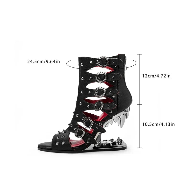 Women's Spring/Summer Pointed Nightclub Metal Belt Buckle Rivet Wolf Teeth Slope Heel Large High Heel Short Boots