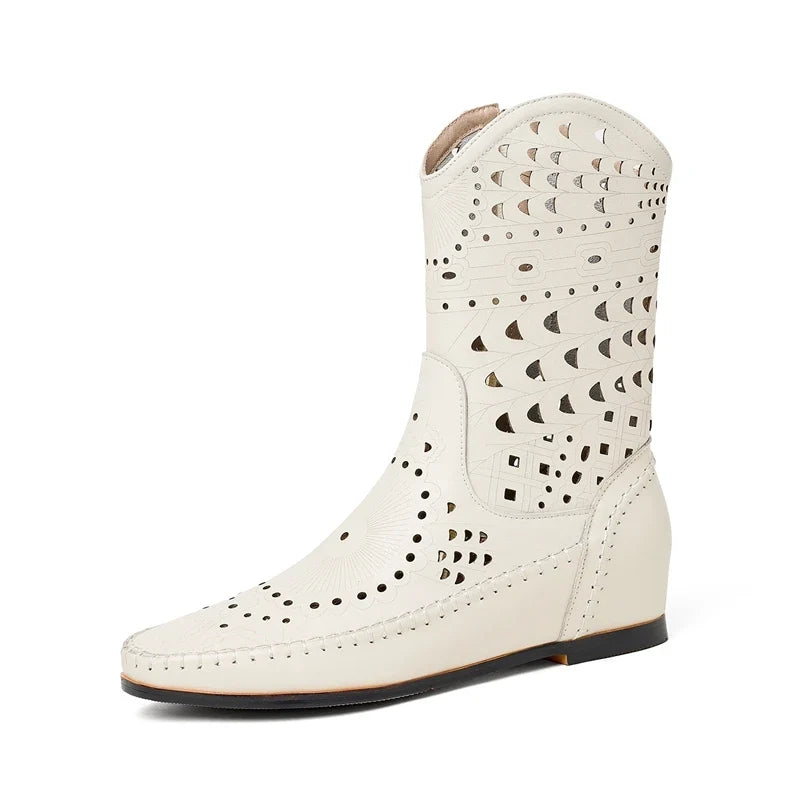 Women's Spring and Summer Genuine Leather Cowhide Inner Height Increase Middle Heel Large Hollow Out Short Boots