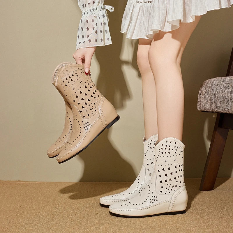 Women's Spring and Summer Genuine Leather Cowhide Inner Height Increase Middle Heel Large Hollow Out Short Boots