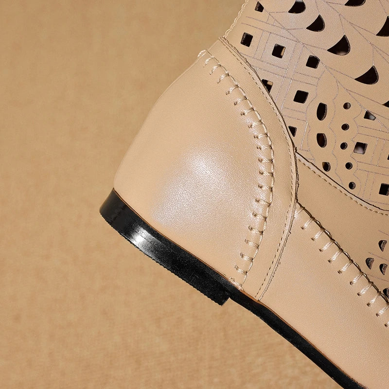 Women's Spring and Summer Genuine Leather Cowhide Inner Height Increase Middle Heel Large Hollow Out Short Boots