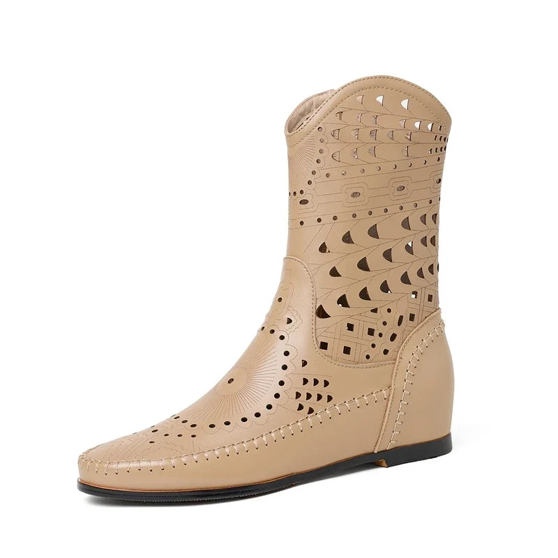 Women's Spring and Summer Genuine Leather Cowhide Inner Height Increase Middle Heel Large Hollow Out Short Boots