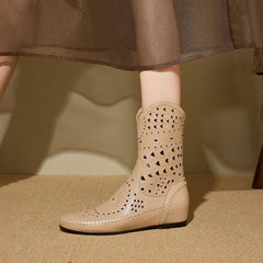 Women's Spring and Summer Genuine Leather Cowhide Inner Height Increase Middle Heel Large Hollow Out Short Boots