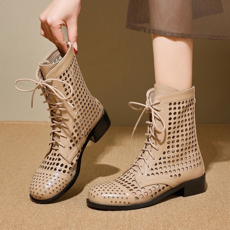 Women's Spring and Summer Genuine Leather Cowhide Round Toe