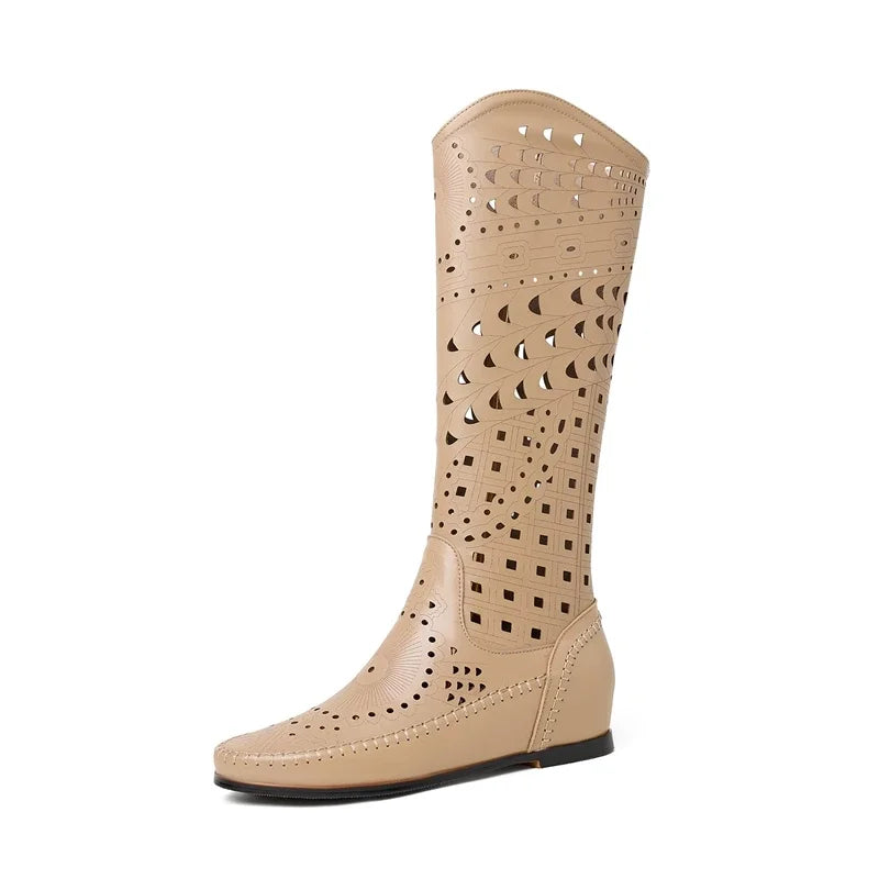 Women's Spring and Summer Leather Cowhide High Rise Mid Heel Plus Knee Side Zipper High Leg Boots