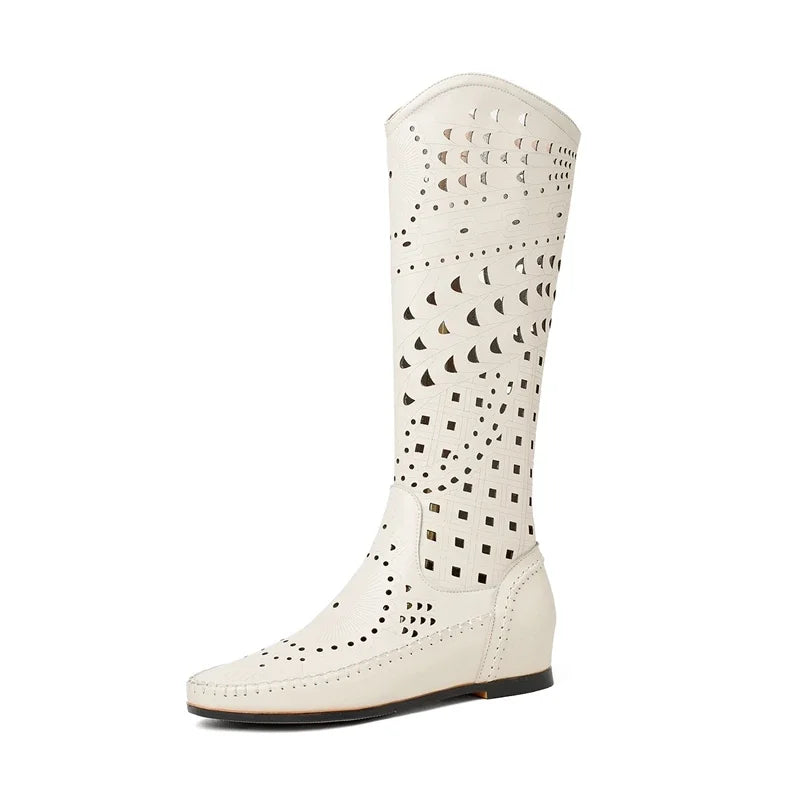 Women's Spring and Summer Leather Cowhide High Rise Mid Heel Plus Knee Side Zipper High Leg Boots