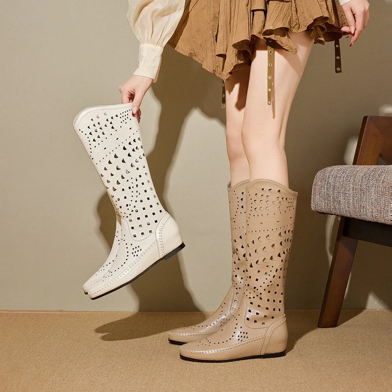 Women's Spring and Summer Leather Cowhide High Rise Mid Heel Plus Knee Side Zipper High Leg Boots