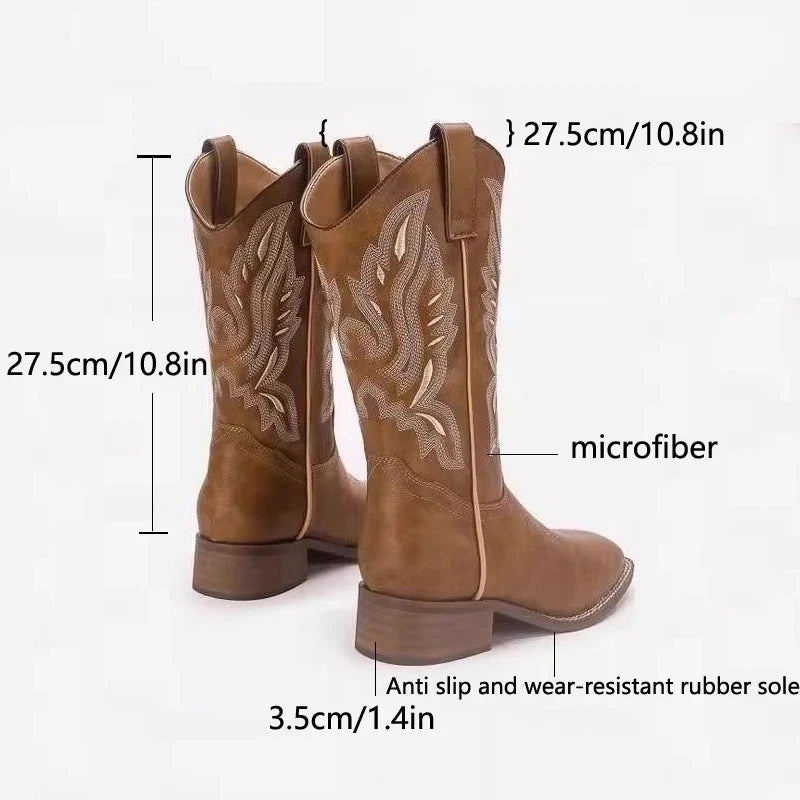 Women's autumn and winter embroidered round toe mid heel and calf retro Chelsea Western cowboy short Boots