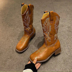 Women's autumn and winter embroidered round toe mid heel and calf retro Chelsea Western cowboy short Boots