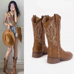 Women's autumn and winter embroidered round toe mid heel and calf retro Chelsea Western cowboy short Boots