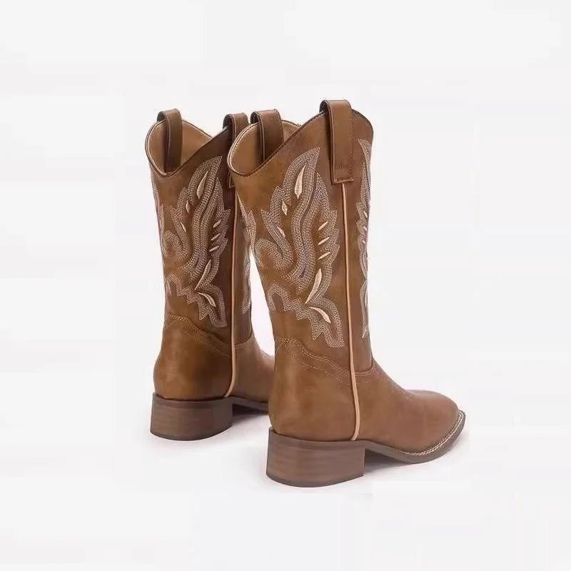 Women's autumn and winter embroidered round toe mid heel and calf retro Chelsea Western cowboy short Boots