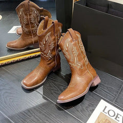 Women's autumn and winter embroidered round toe mid heel and calf retro Chelsea Western cowboy short Boots
