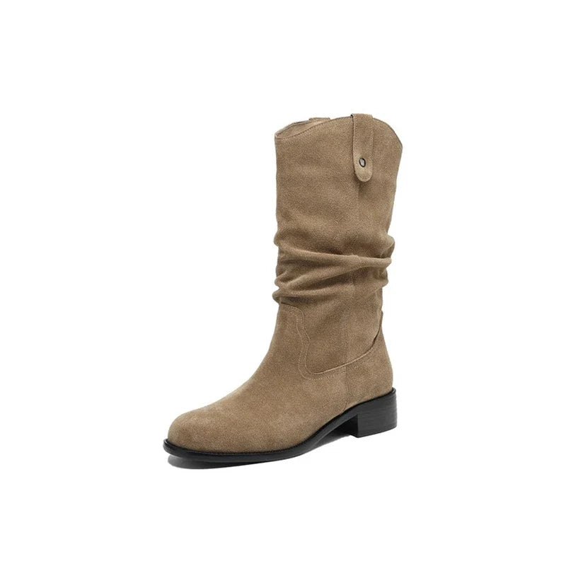 Women's autumn and winter genuine leather cow suede round toe thick heel mid heel plus