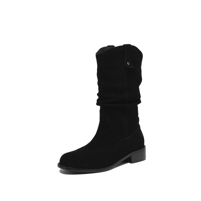 Women's autumn and winter genuine leather cow suede round toe thick heel mid heel plus