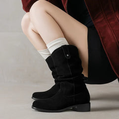 Women's autumn and winter genuine leather cow suede round toe thick heel mid heel plus