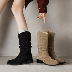 Women's autumn and winter genuine leather cow suede round toe thick heel mid heel plus