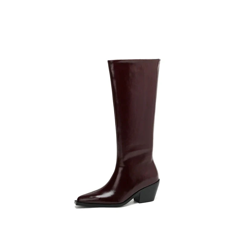 Women's autumn and winter genuine leather cowhide pointed retro high heels and knee western long Boots