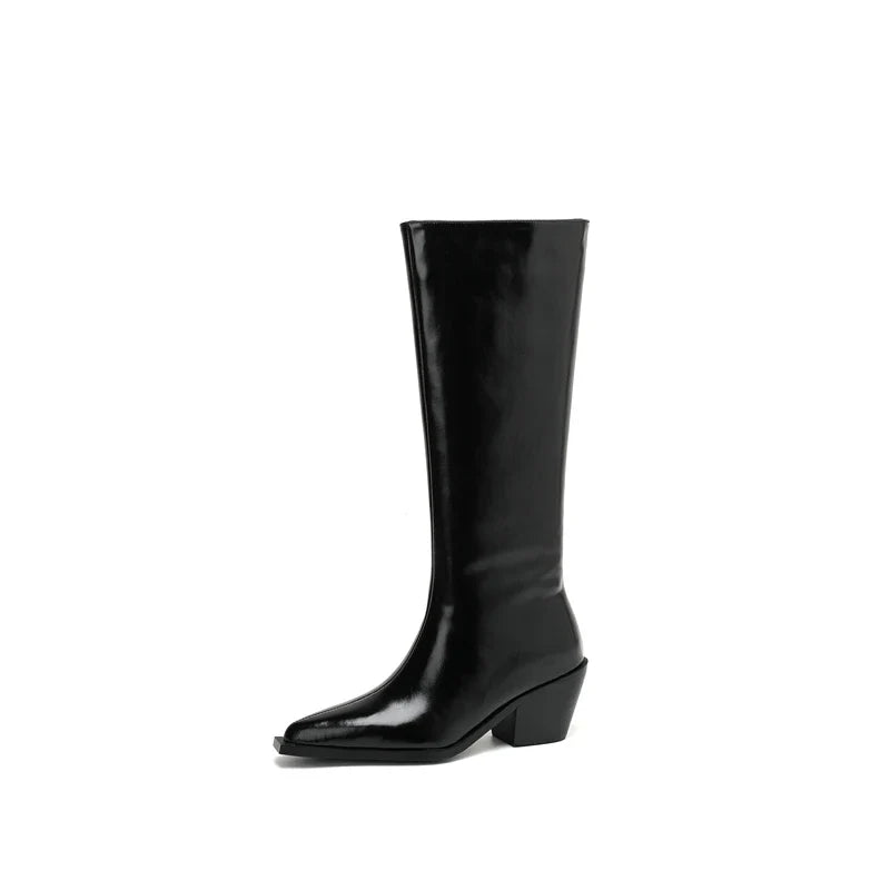 Women's autumn and winter genuine leather cowhide pointed retro high heels and knee western long Boots