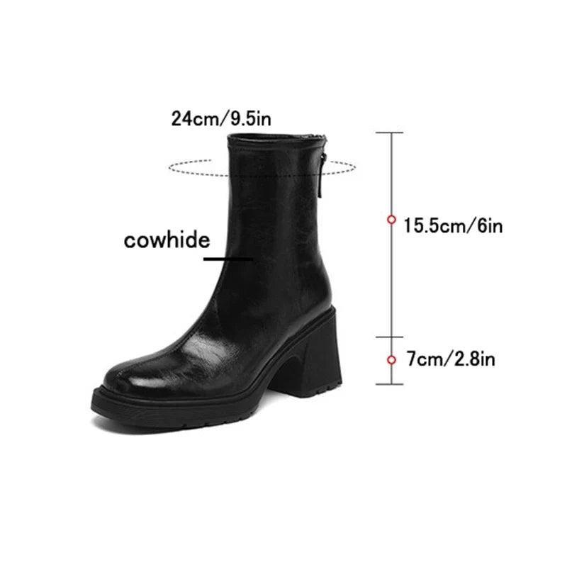 Women's autumn and winter genuine leather cowhide round toe and calf high-heeled zipper thick soled Chelsea short boots