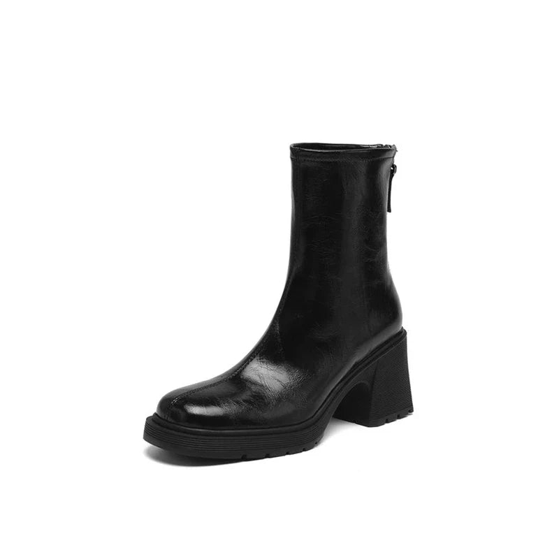 Women's autumn and winter genuine leather cowhide round toe and calf high-heeled zipper thick soled Chelsea short boots