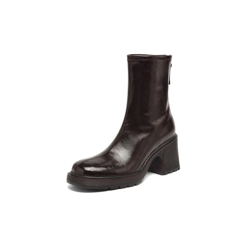 Women's autumn and winter genuine leather cowhide round toe and calf high-heeled zipper thick soled Chelsea short boots