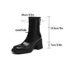 Women's autumn and winter genuine leather cowhide round toe and calf high-heeled zipper thick soled Chelsea short boots