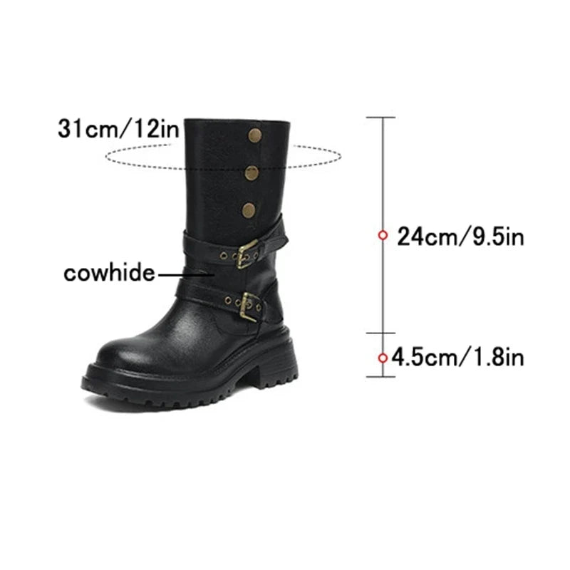 Women's autumn and winter genuine leather cowhide round toe and calf mid heel retro short Boots