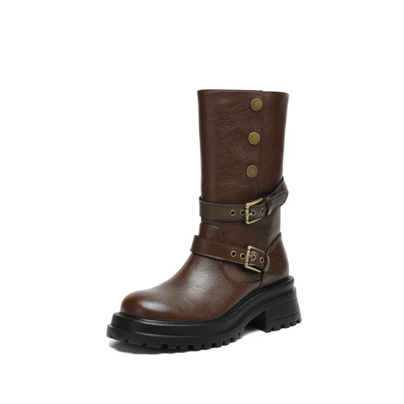 Women's autumn and winter genuine leather cowhide round toe and calf mid heel retro short Boots