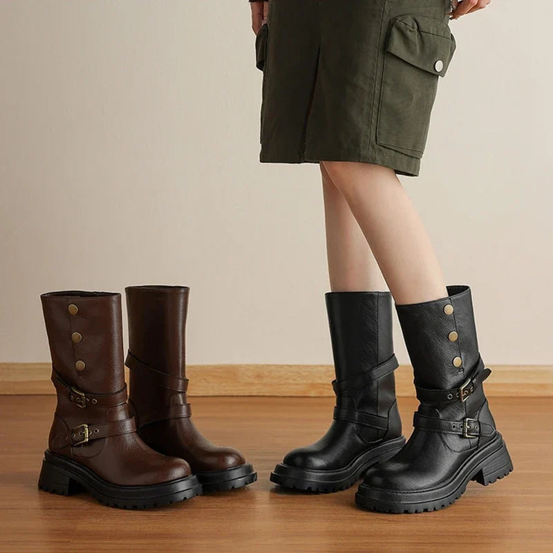 Women's autumn and winter genuine leather cowhide round toe and calf mid heel retro short Boots