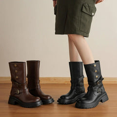Women's autumn and winter genuine leather cowhide round toe and calf mid heel retro short Boots