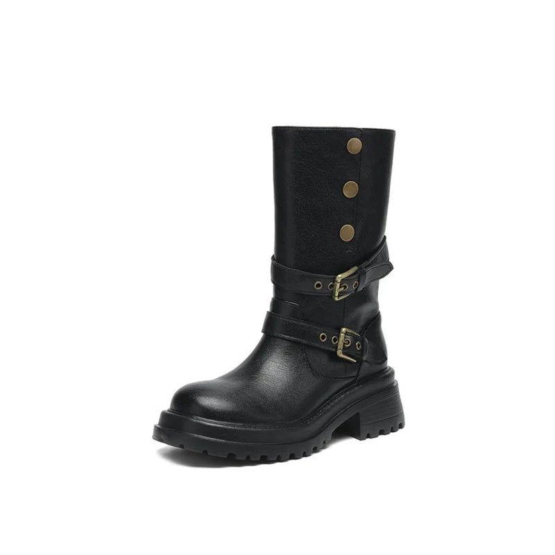 Women's autumn and winter genuine leather cowhide round toe and calf mid heel retro short Boots