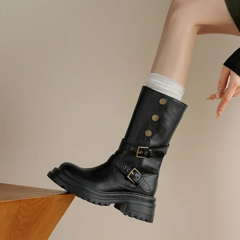 Women's autumn and winter genuine leather cowhide round toe and calf mid heel retro short Boots