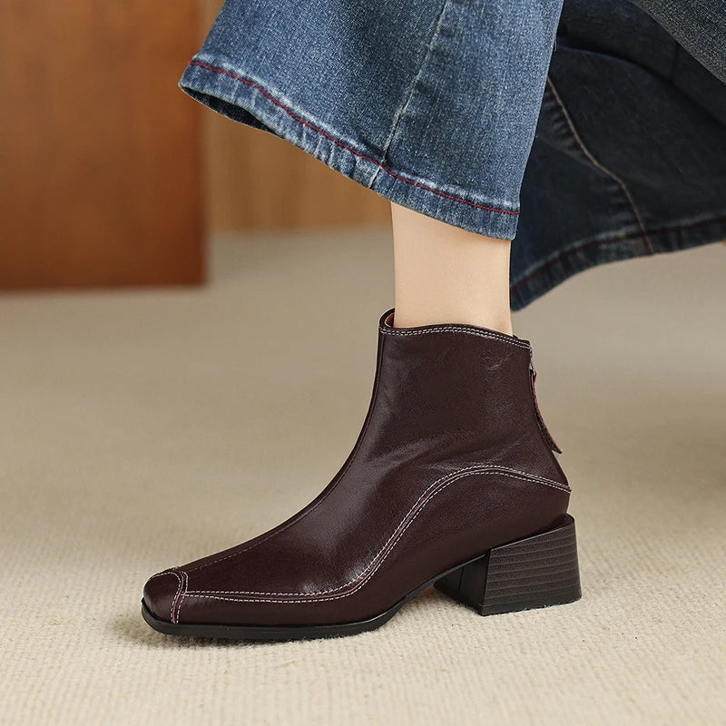 Women's autumn and winter genuine leather cowhide square toe and calf back zipper retro short Boots