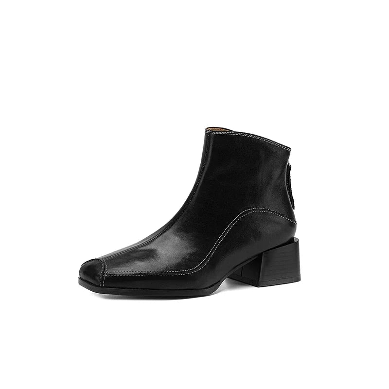 Women's autumn and winter genuine leather cowhide square toe and calf back zipper retro short Boots