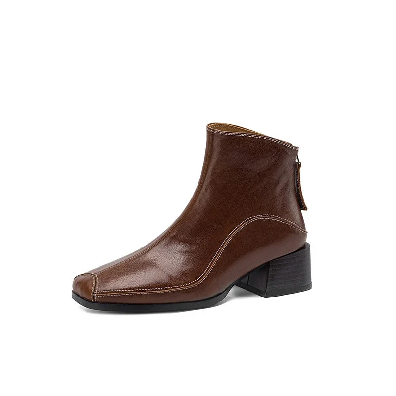 Women's autumn and winter genuine leather cowhide square toe and calf back zipper retro short Boots