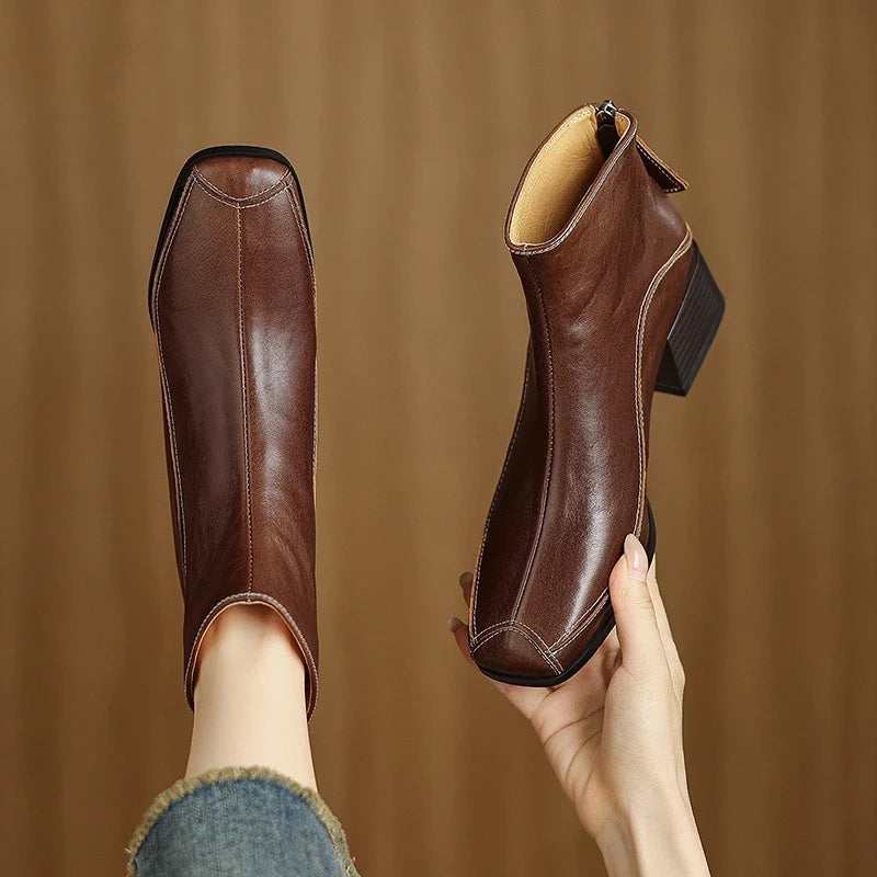 Women's autumn and winter genuine leather cowhide square toe and calf back zipper retro short Boots