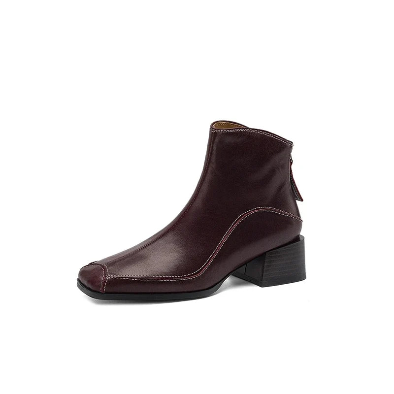 Women's autumn and winter genuine leather cowhide square toe and calf back zipper retro short Boots