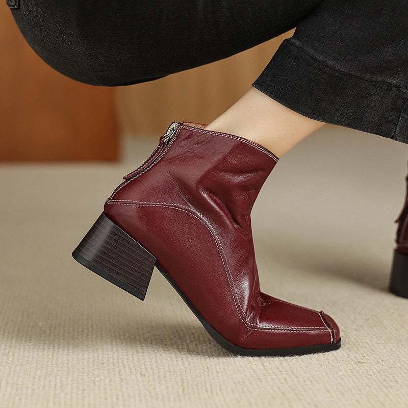 Women's autumn and winter genuine leather cowhide square toe and calf back zipper retro short Boots