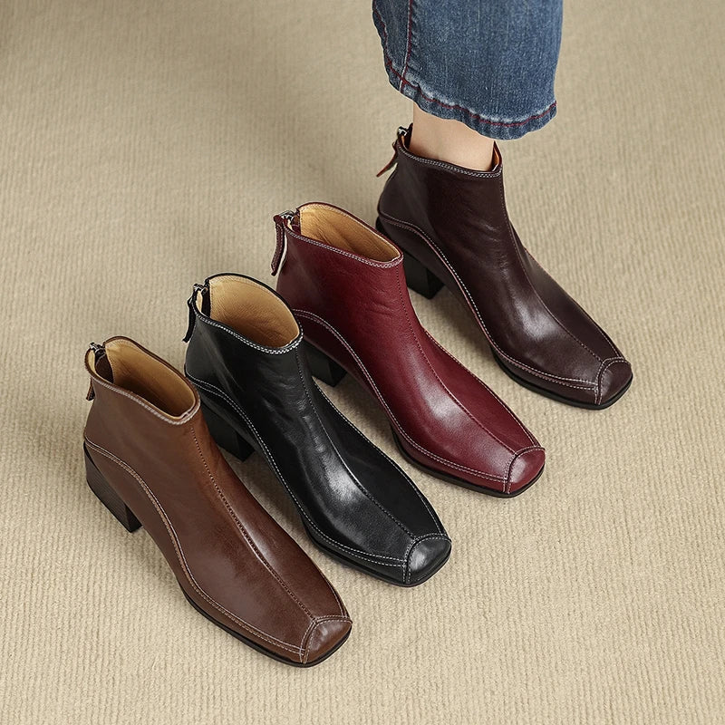 Women's autumn and winter genuine leather cowhide square toe and calf back zipper retro short Boots